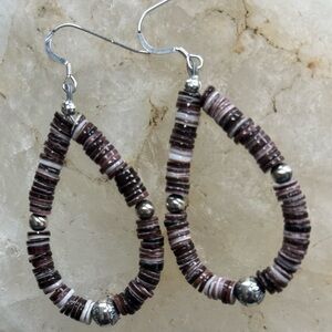 Native American Purple Wampum Heishi Beads & Sterling Silver 2” Dangle Earrings